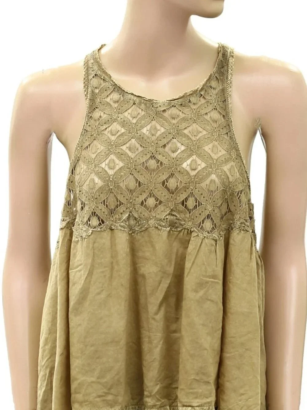 Free People Wandering Light Blouse Top Lace Cutout Tank Green Cotton M 290331